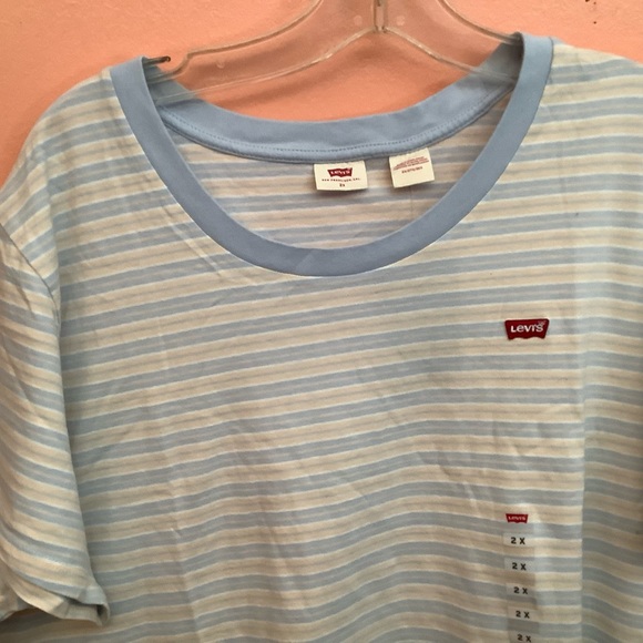 Levi's Tops - Levi’s T-shirt Women’s Size 2X Light Blue Cream Striped Cotton Short Sleeves